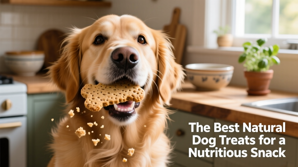 A happy dog mid-treat, holding a crunchy biscuit in its mouth
