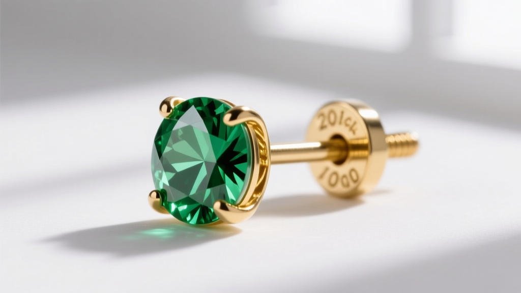 Macro shot of 20-gauge 14k gold earring post with screw-back clutch holding faceted green peridot gemstone in a four-prong setting