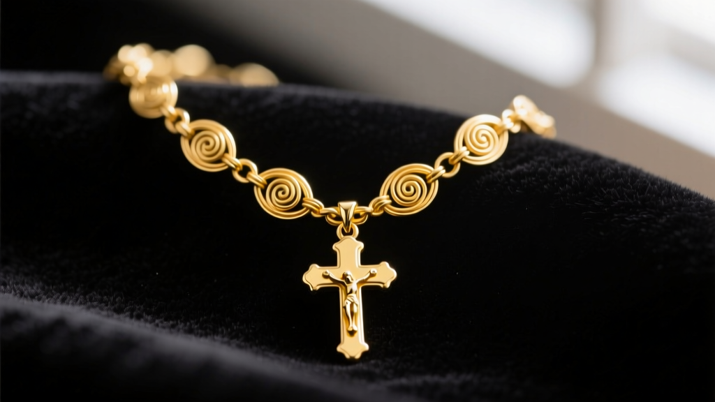 Macro shot of a 10k yellow gold rosary necklace on dark velvet, showing intricate wire-wrapped links and a small crucifix pendant.