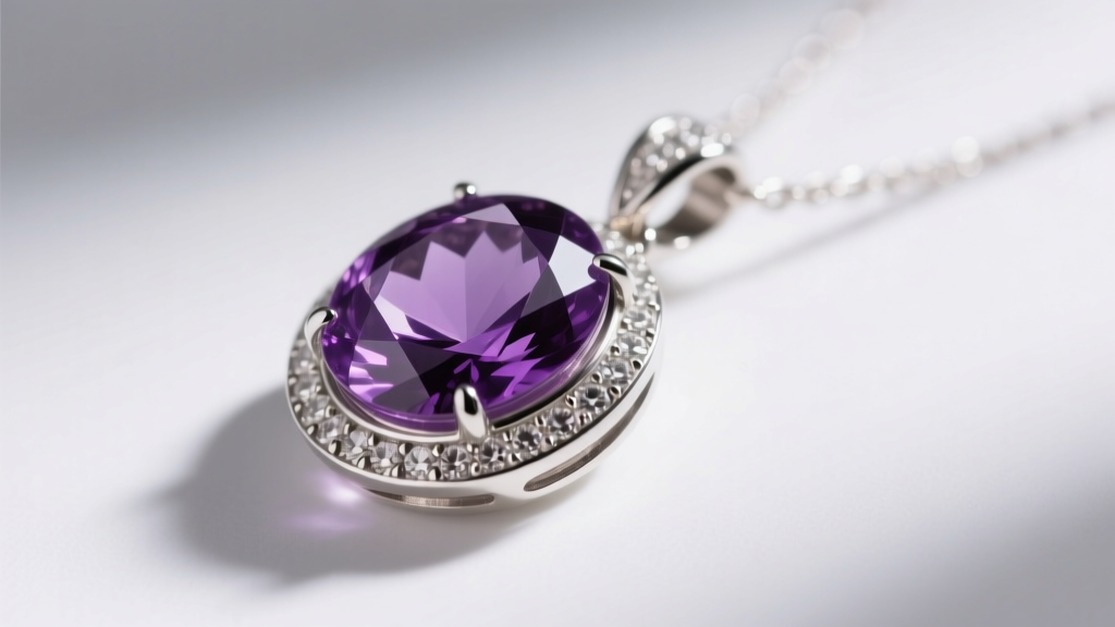 Side profile of a bezel-set amethyst pendant necklace showing the silver rim securing the purple stone on a neutral background.
