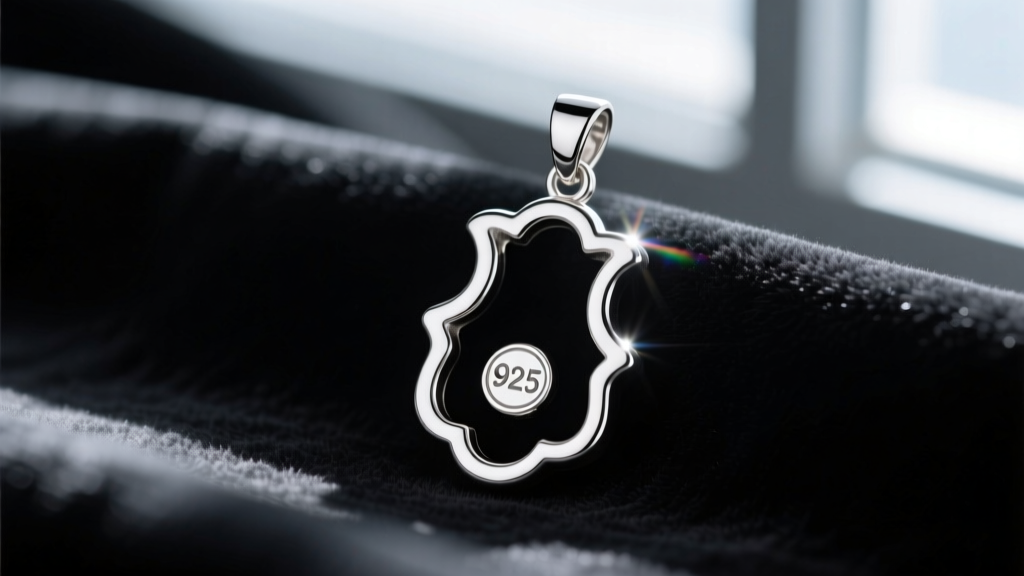 Macro view of a silver hamsa pendant bail showing a 925 hallmark stamp and bright rhodium finish against dark blurred velvet