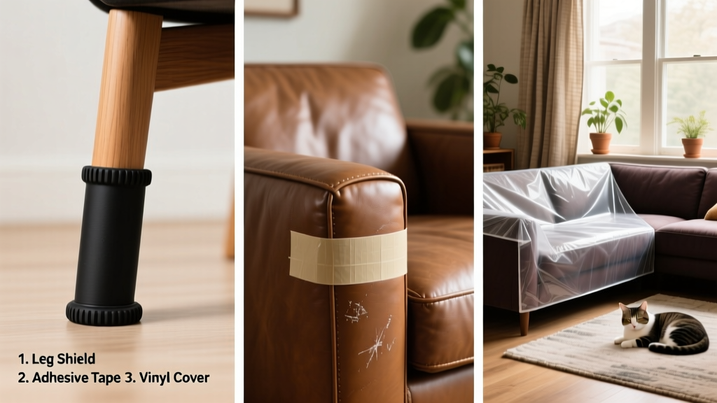 Side-by-side comparison of different FurPetVo protectors: a leg shield wrapped around a chair leg, tape applied to an armrest, and a clear vinyl cover on a sectional couch