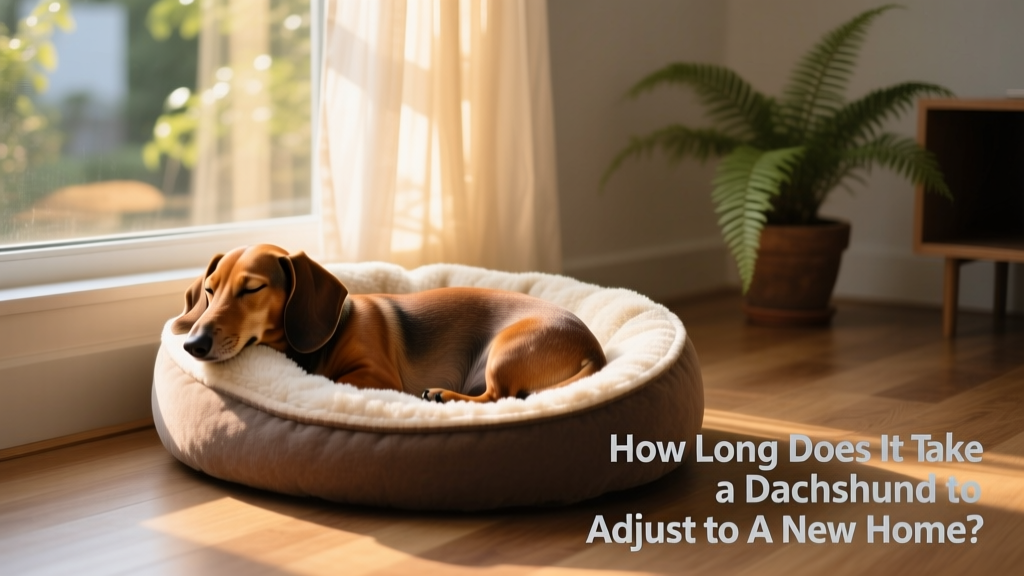 A dachshund curled up on a soft, designated dog bed beside a sunny window