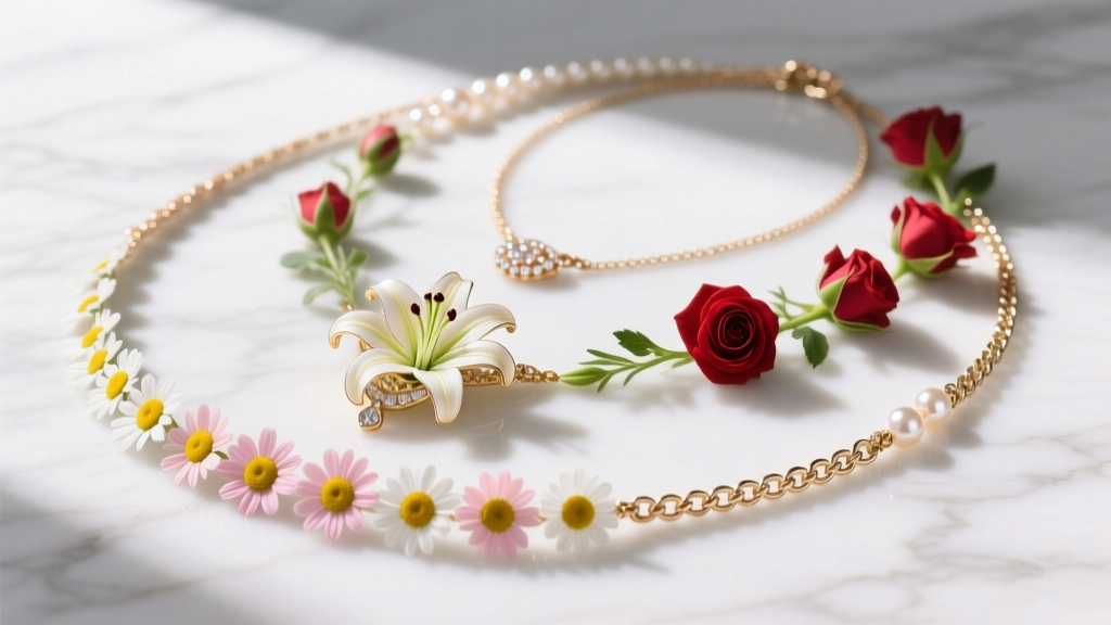 Flat lay of layered floral necklaces featuring a daisy choker, lily pendant, and rose chain on white marble in bright daylight