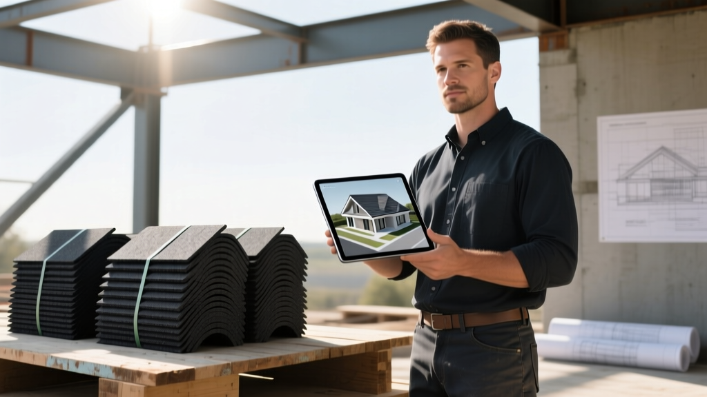 Contractor holding a tablet showing a 3D roof simulation next to physical bundles of charcoal architectural asphalt shingles