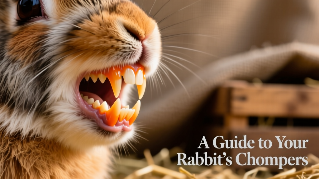 Close-up of a rabbit’s front incisors showing their bright orange enamel and sharp, chisel-like shape