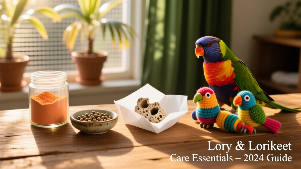 Side-by-side photo showing essential supplies: nectar powder, low-iron pellets, cuttlebone, paper liner, and colorful bird toys