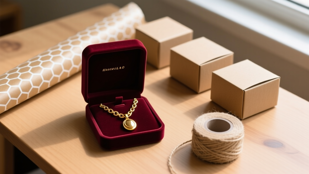 Overhead view of a gold pendant necklace in a velvet box beside kraft shipping boxes, honeycomb wrap, and tape on a wooden desk.