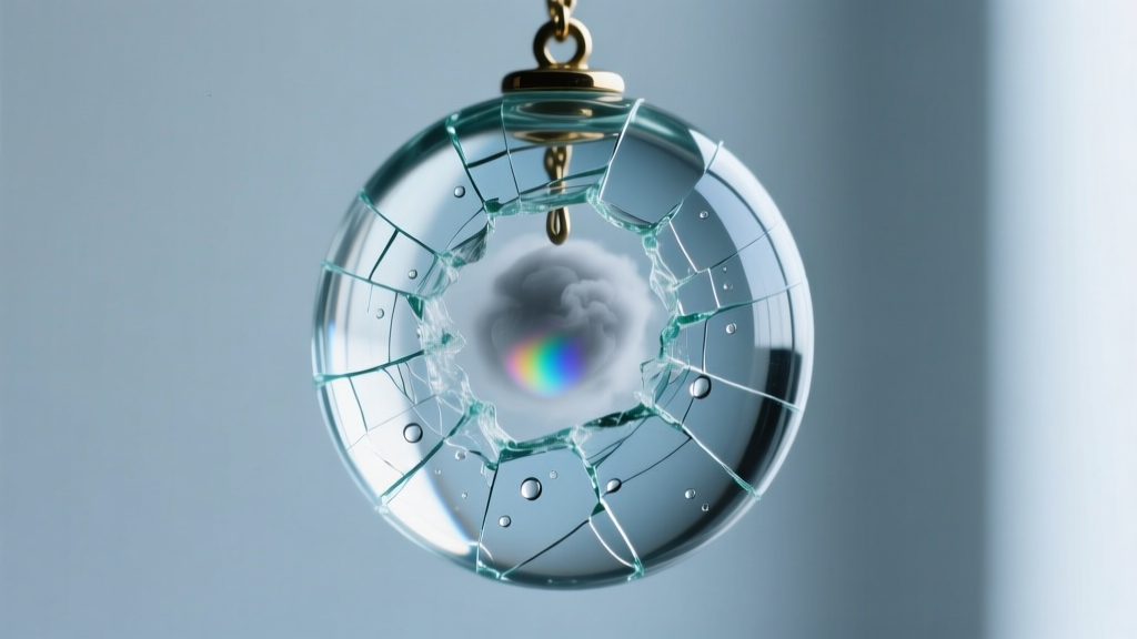 Macro shot of a cracked glass mood pendant showing water damage, with thermochromic liquid crystals trapped in a cloudy gray state