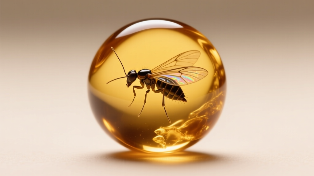 Macro photography of a polished Baltic amber bead revealing a perfectly preserved prehistoric gnat inclusion inside the resin