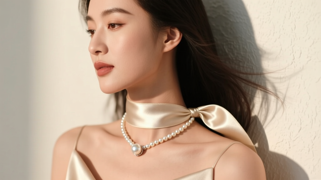 Woman wearing a satin ribbon necklace with a pearl pendant, captured in side profile under warm, diffused studio lighting