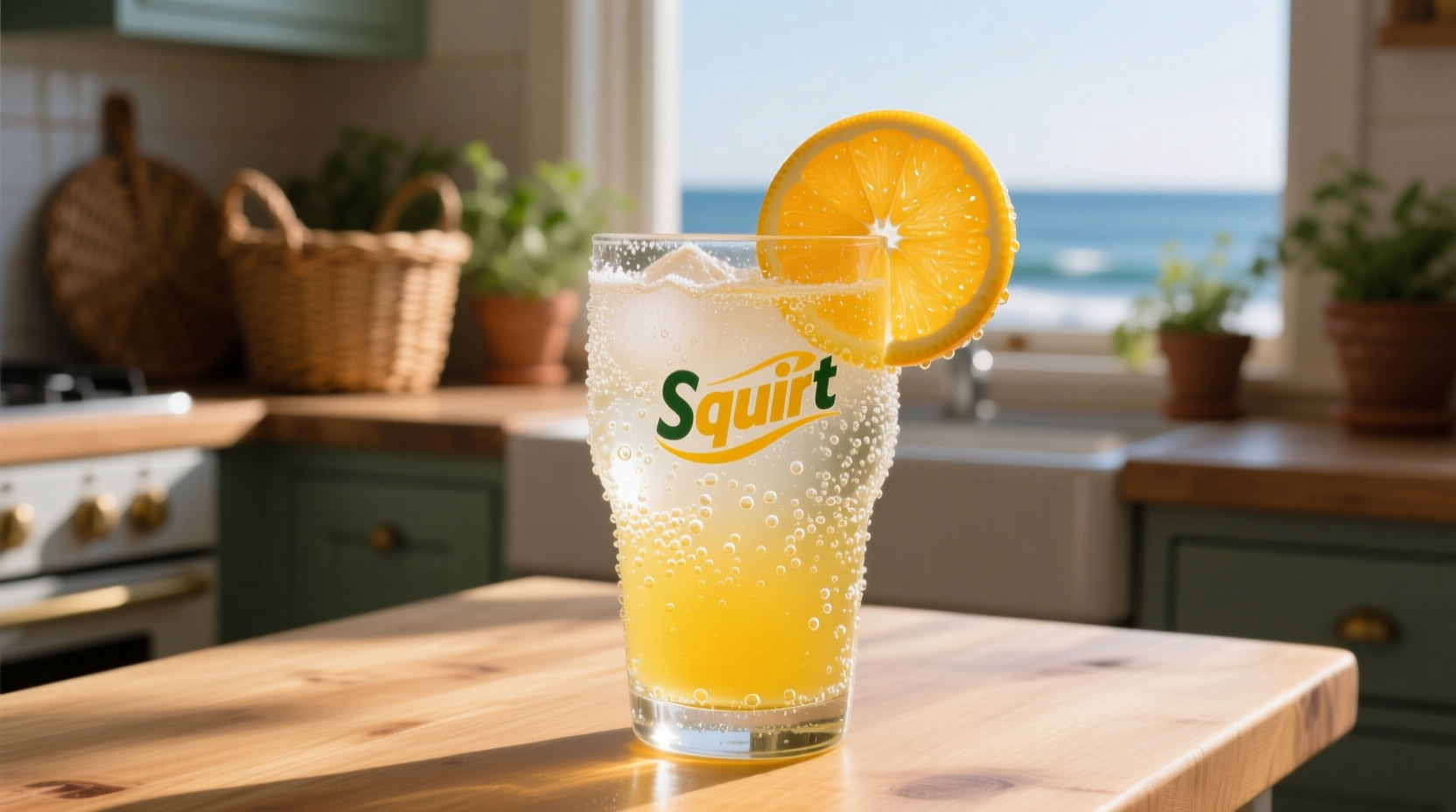 Glass of Squirt soda with citrus slice garnish