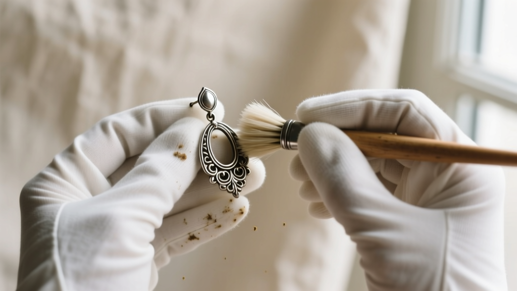 Hands wearing white cotton gloves gently scrubbing a tarnished silver vintage clip earring with a soft-bristle brush and mild soap