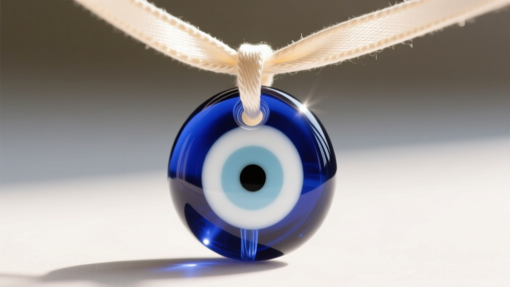 Close-up of a cobalt glass evil eye bead on silk cord, revealing white and light blue concentric layers in bright warm sunlight.