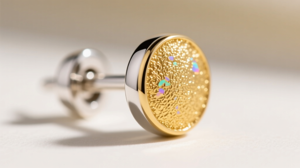 Macro view of heavy gold vermeil plating over a sterling silver earring post, highlighting the 2.5 micron gold layer.