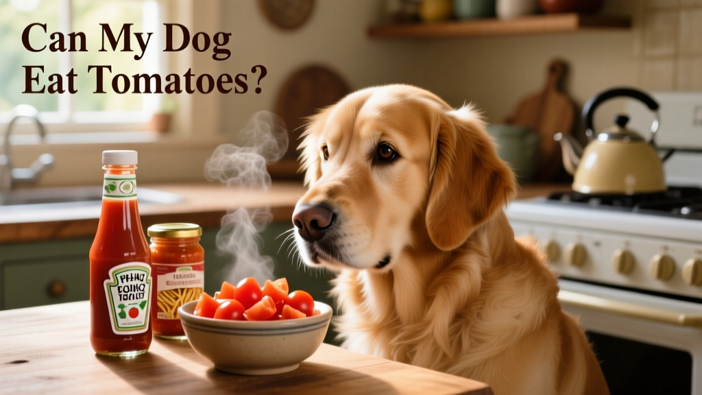 Dog looking curiously at a small bowl of plain, diced ripe tomatoes next to a bottle of ketchup and jar of pasta sauce