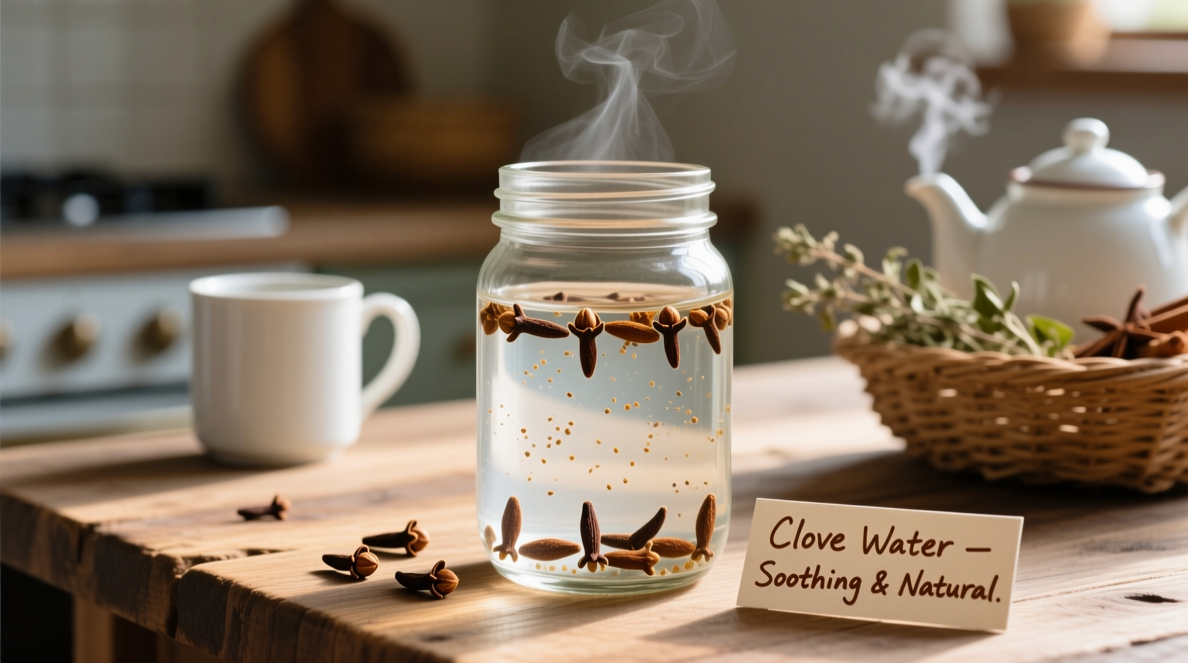 Selbstgemachtes Nelkenwasser im Glasgefäß mit ganzen Nelken