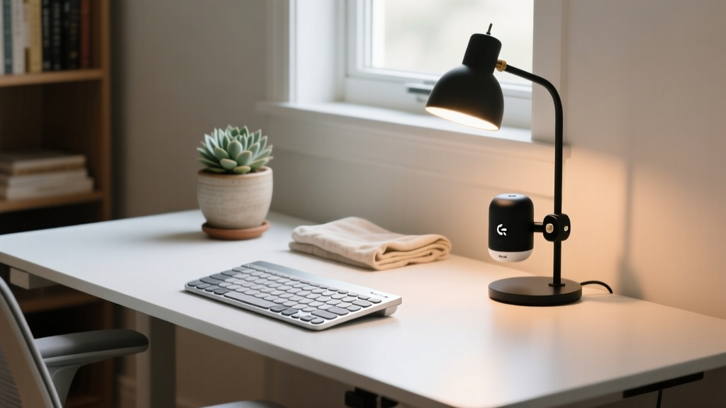 A minimalist home office setup featuring the Logitech Pebble Keys 2 keyboard and a SwitchBot Bot attached to a desk lamp switch