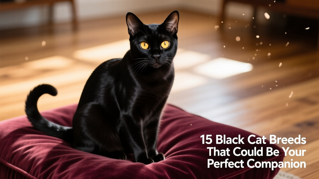 A glossy black Bombay cat with striking gold eyes sitting elegantly on a velvet cushion