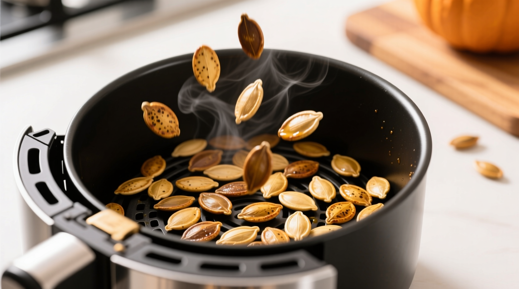 Golden brown pumpkin seeds in air fryer basket