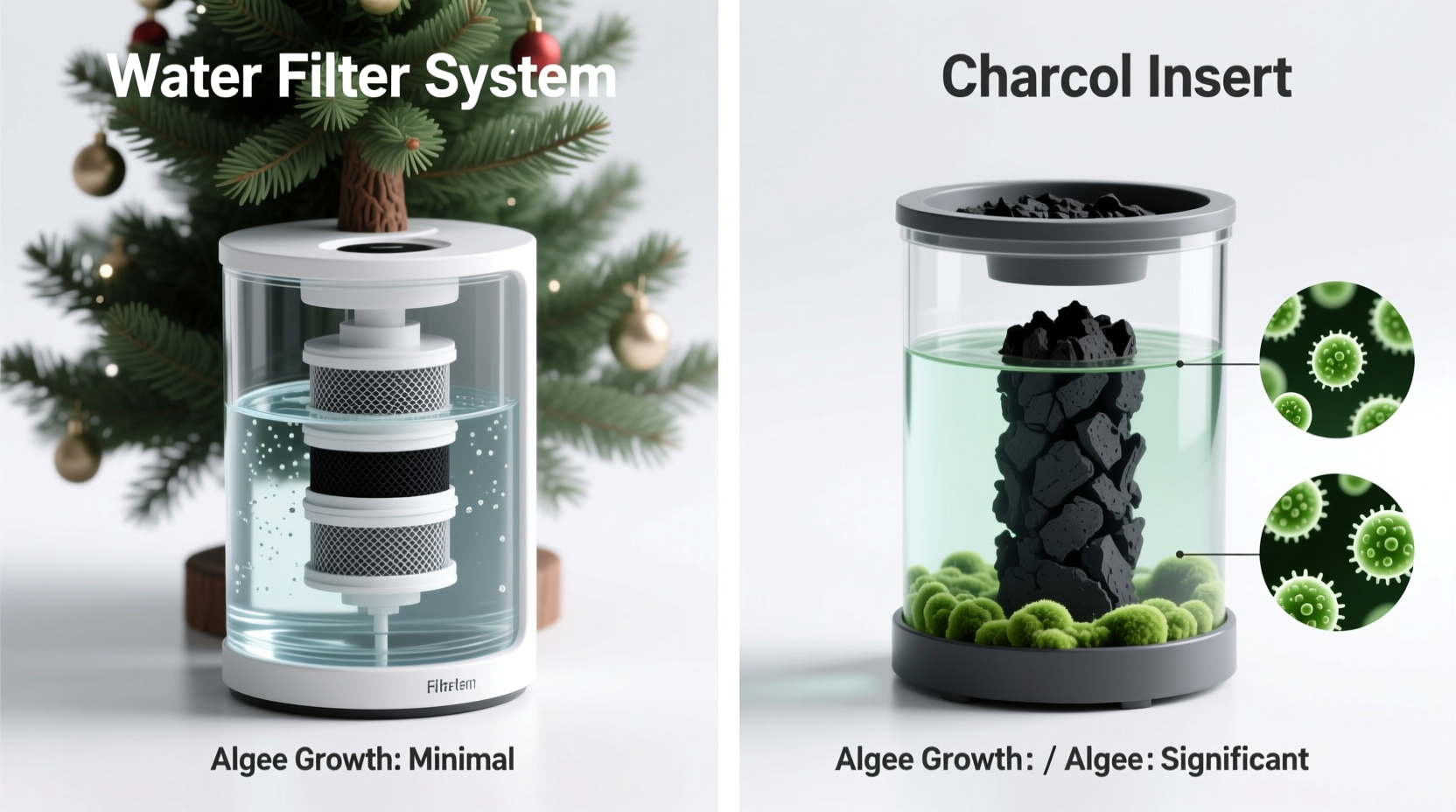christmas tree stand water filter vs charcoal insert for reducing algae growth in reservoirs