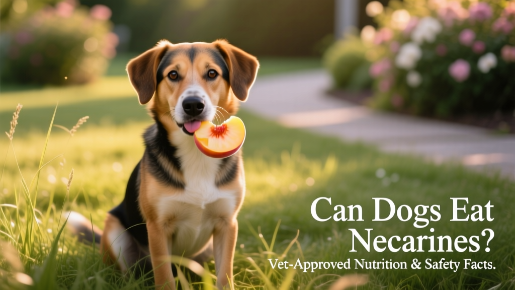 A dog gently holding a small, peeled nectarine slice in its mouth, sitting calmly on a grassy surface