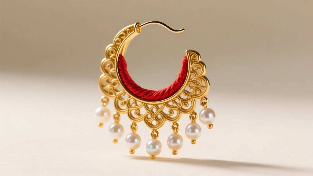 Macro shot of a traditional sui dhaga earring with red silk thread passing through a gold base, ending in delicate pearl tassels.