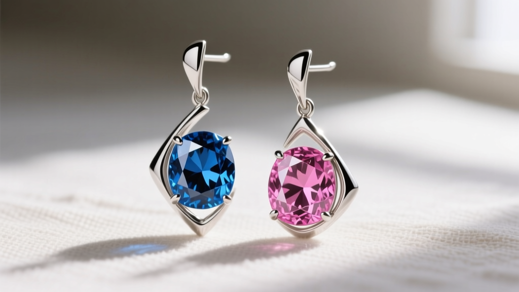 Close-up of asymmetrical drop earrings featuring a rare Fancy Vivid blue diamond and a vivid pink diamond set in platinum