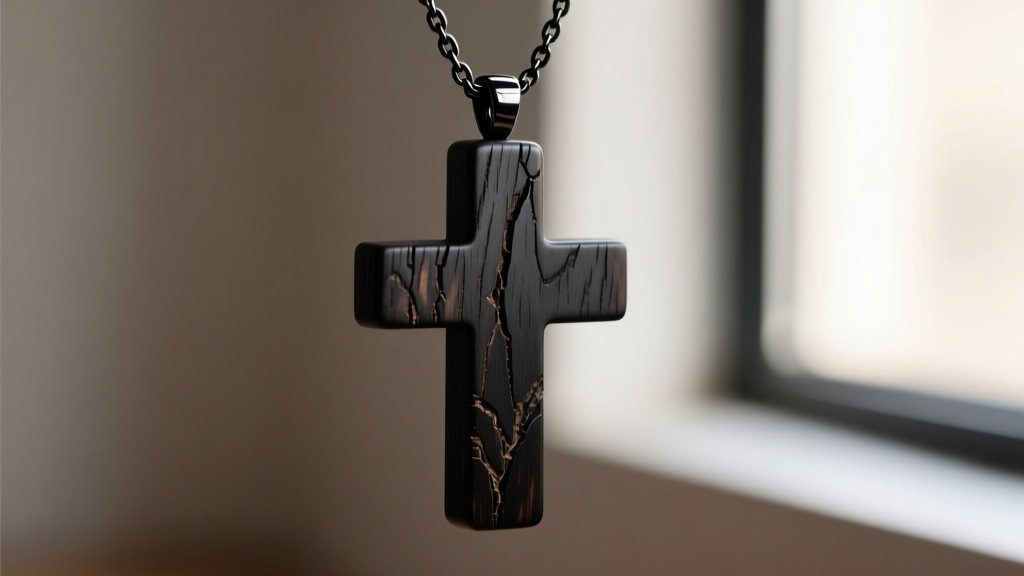 Macro photography showing tight dark grain of genuine ebony wood cross pendant suspended from a matte black stainless steel chain.