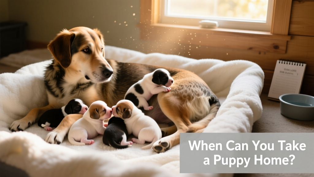 A litter of puppies playing gently with their mother and each other in a clean, cozy whelping area