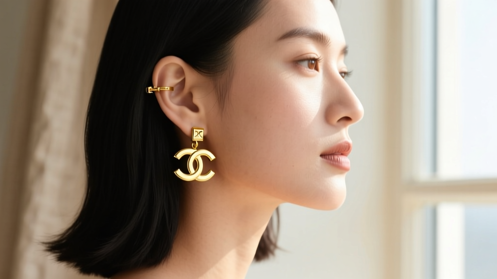Side profile of a woman wearing 18k yellow gold Coco Crush mini huggie earrings, highlighting the earlobe fit and clasp