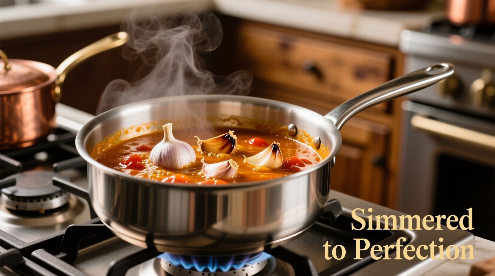 Tomato paste simmering in saucepan with garlic