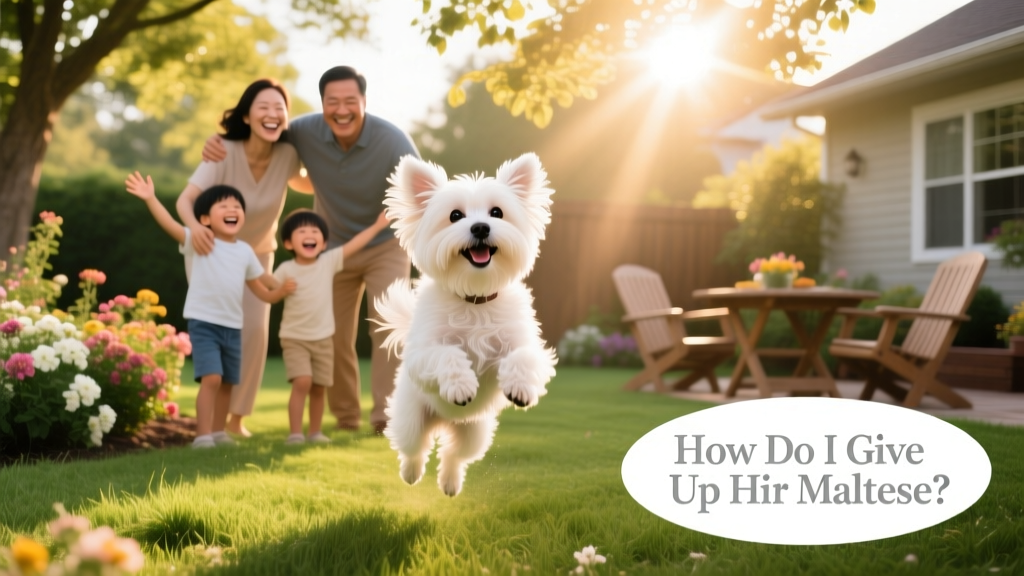 A happy Maltese playing in a sunlit backyard with a new family, showing comfort and joy in their new environment