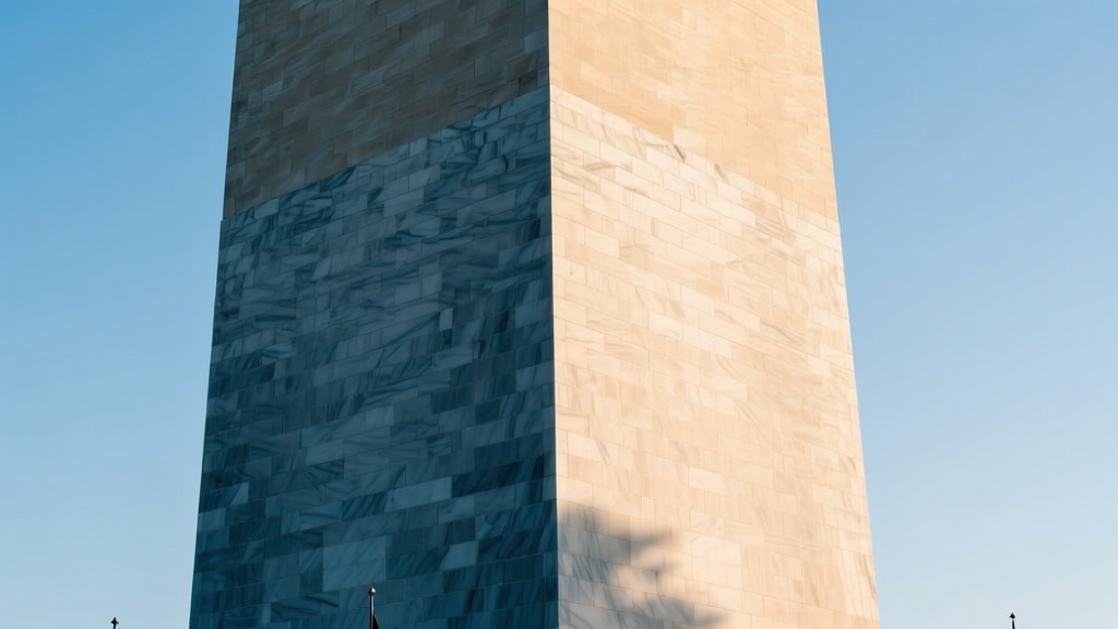 Washington Monument marble facade showing the color line between lower Maryland and upper Massachusetts marble sections