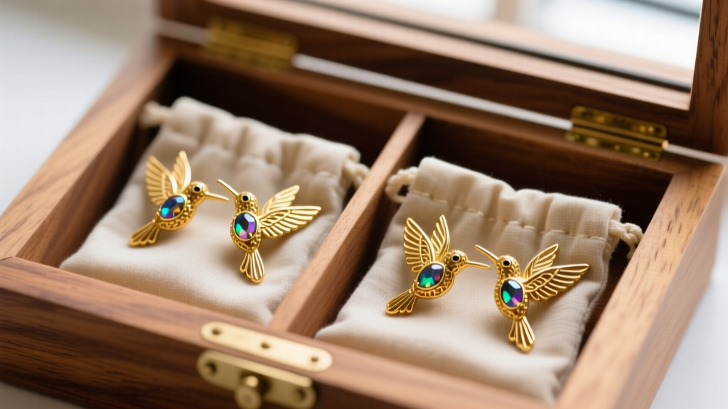 Gold hummingbird stud earrings stored inside anti-tarnish microfiber pouches within a compartmentalized wooden jewelry box