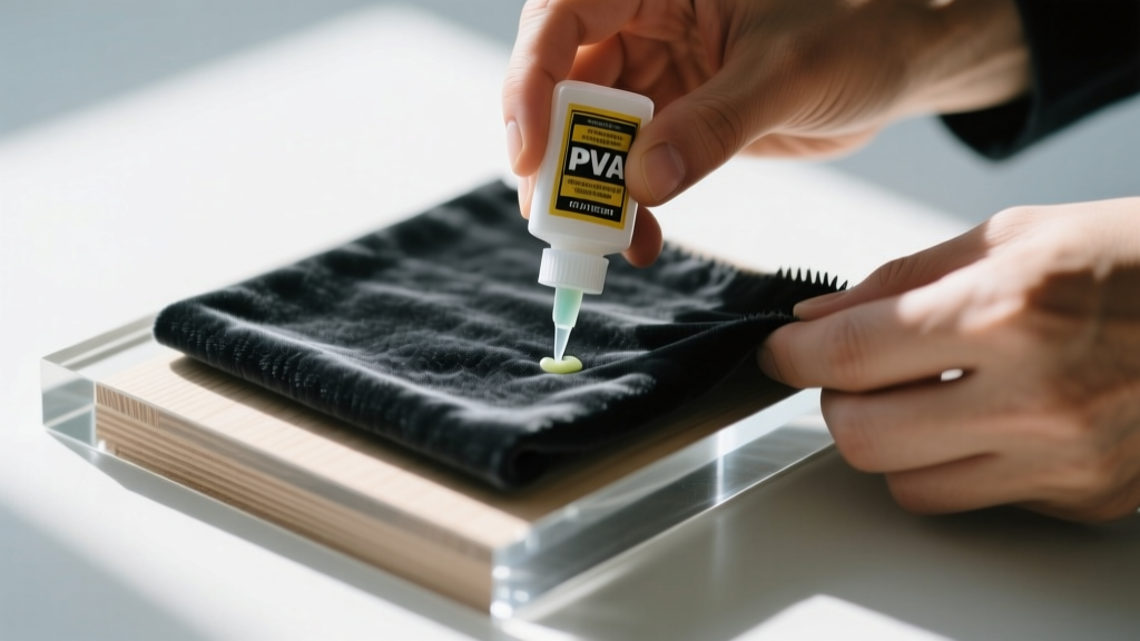 Close-up of hands applying archival PVA glue to secure short-pile charcoal velvet over a sanded 3mm cast acrylic display base.