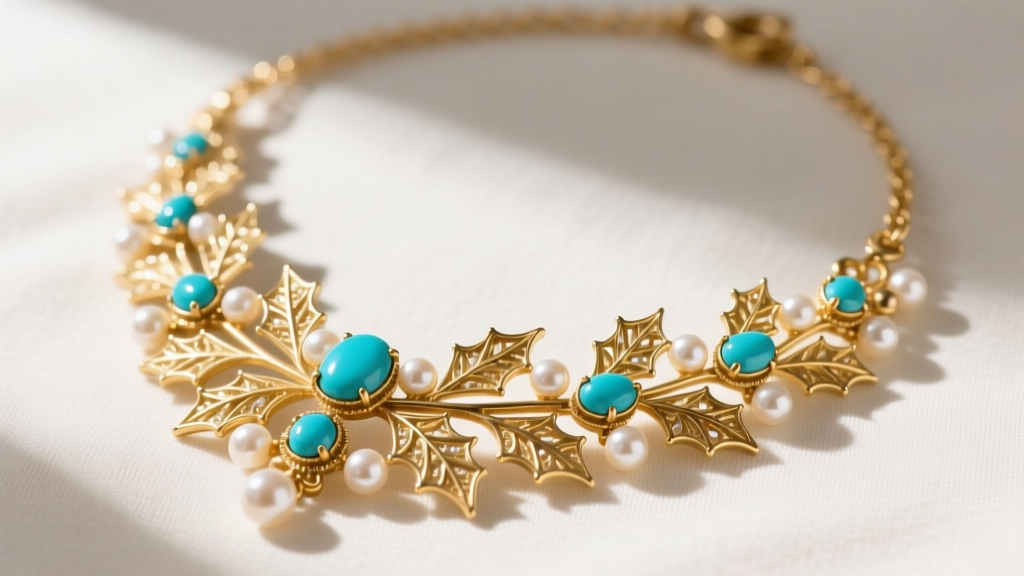 Victorian holly necklace with seed pearls and turquoise cabochons in 15k gold, resting flat on a neutral linen fabric background.