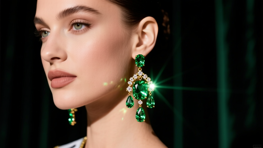 Green peridot chandelier earrings on a pageant contestant, stage lights reflecting off faceted gems against a dark backdrop