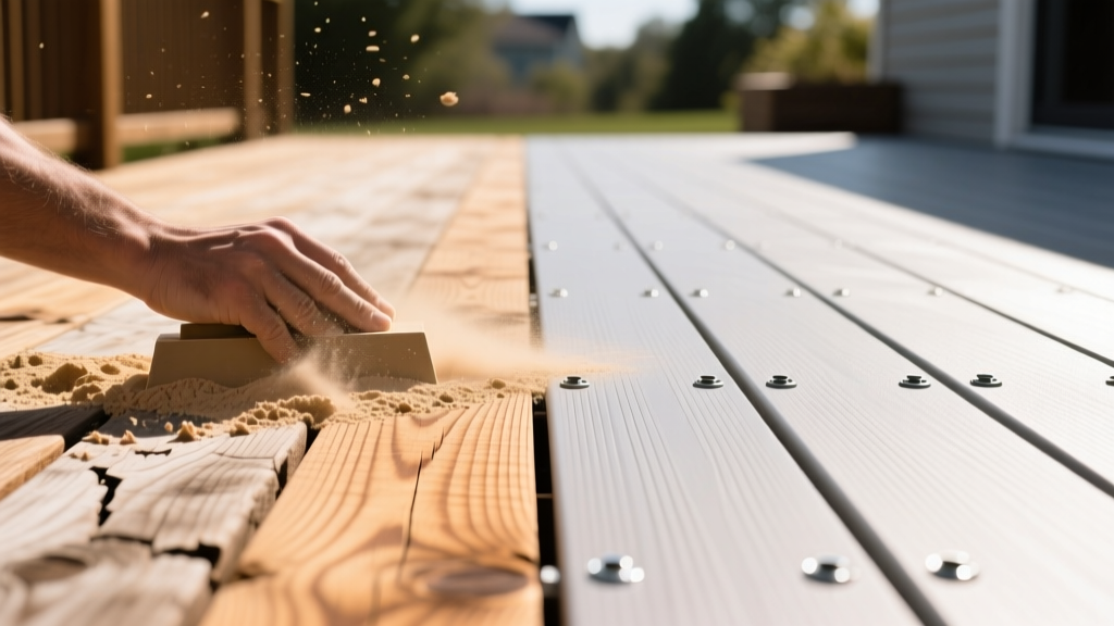 Weathered pressure-treated wood deck being sanded next to a pristine modern composite deck with hidden fasteners under bright sunlight