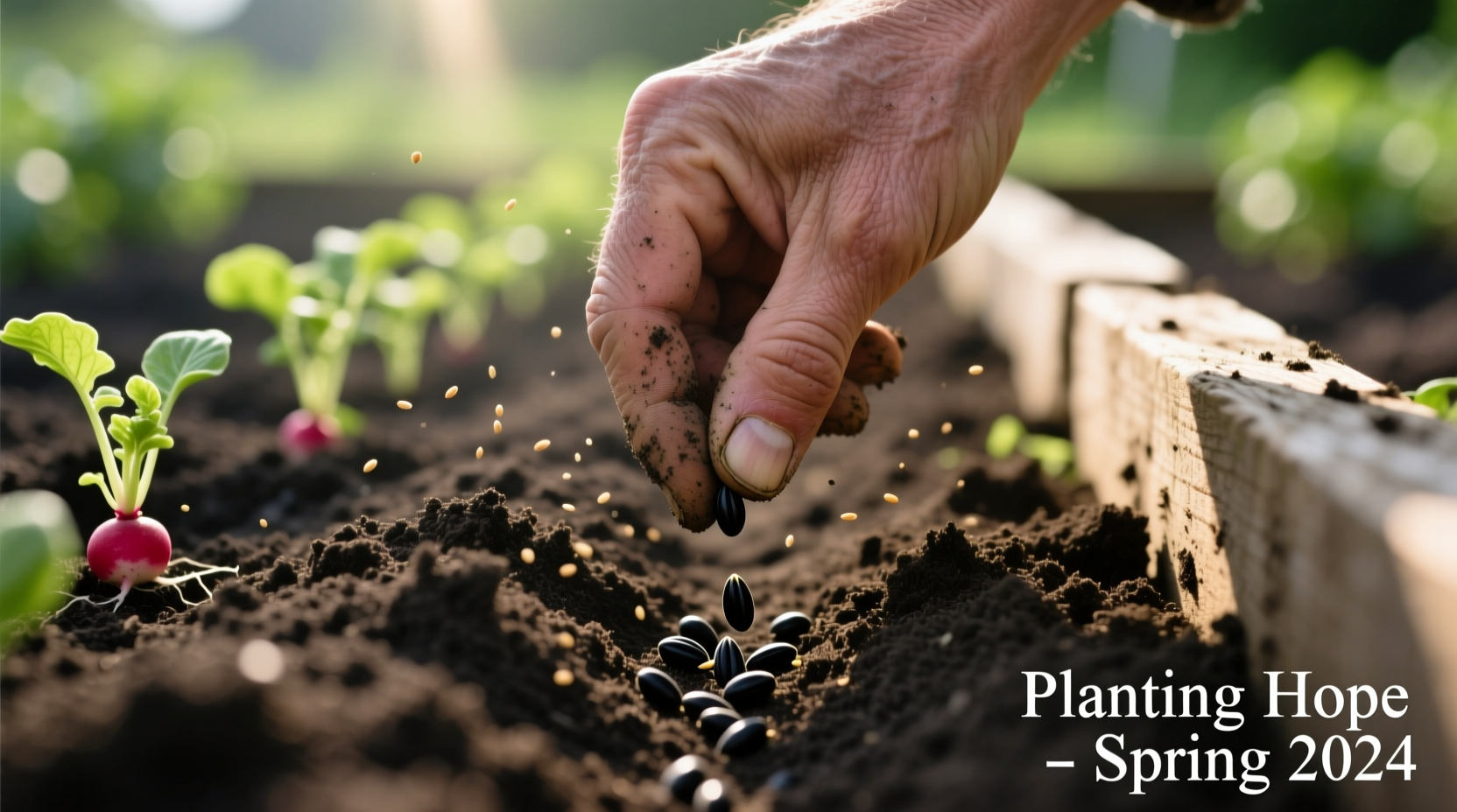 Hand planting radish seeds in garden soil