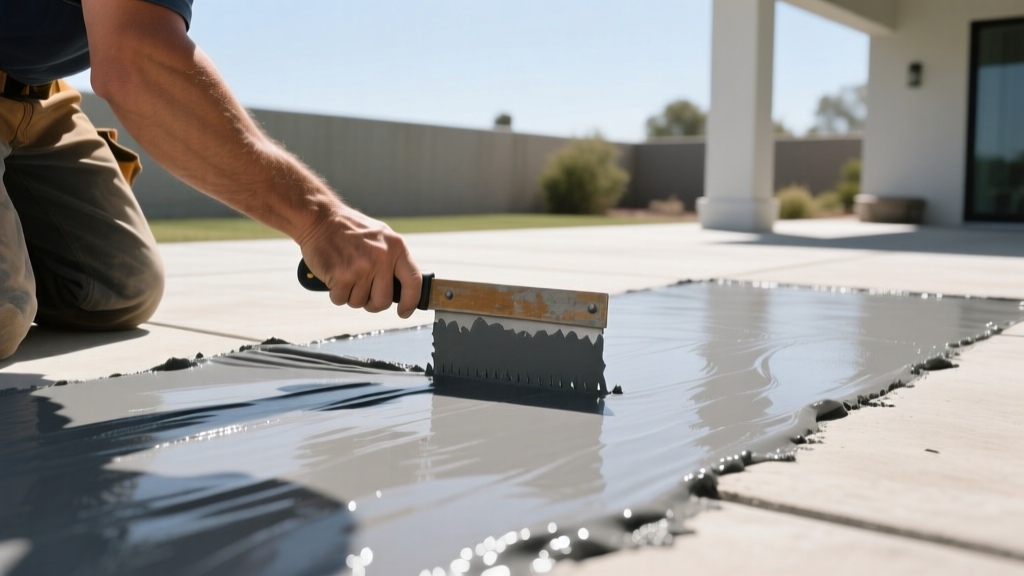 Contractor applying thick gray polyurethane liquid membrane to an outdoor concrete patio using a notched squeegee under bright sunlight