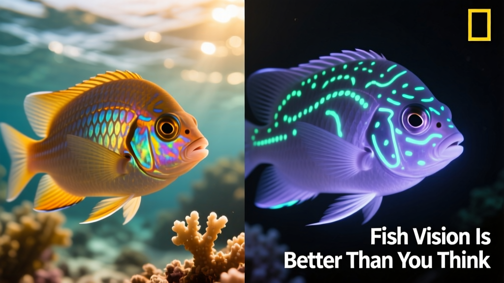 Side-by-side comparison showing visible-light vs. UV view of a damselfish face, highlighting hidden markings