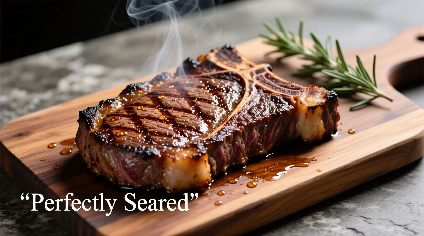 Perfectly seared chuck rib eye steak on cutting board