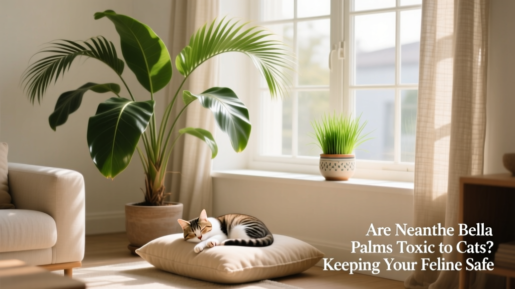 A serene living room featuring a Neanthe Bella palm, a relaxed cat napping on a nearby cushion, and a small cat grass planter on a windowsill
