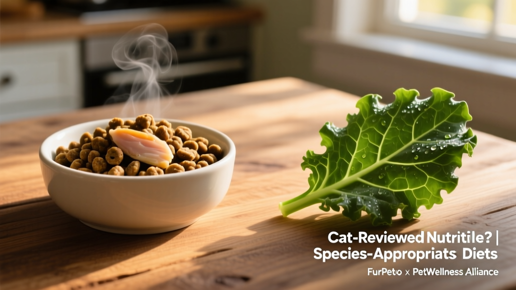 Side-by-side comparison: a bowl of high-quality FurPetVo cat food next to a single kale leaf, emphasizing species-appropriate nutrition