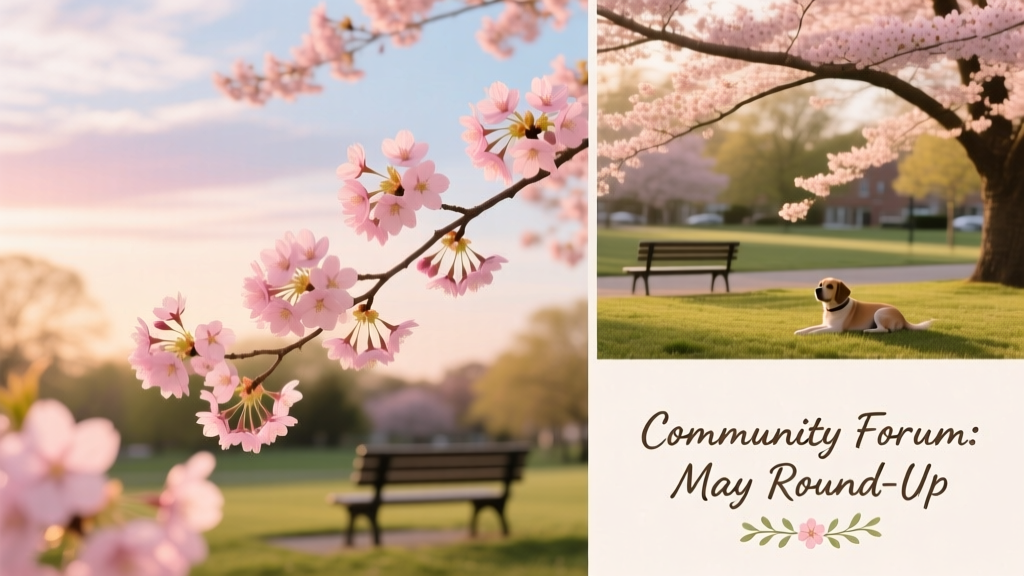 A serene collage showing cherry blossom branches in full bloom against soft spring skies
