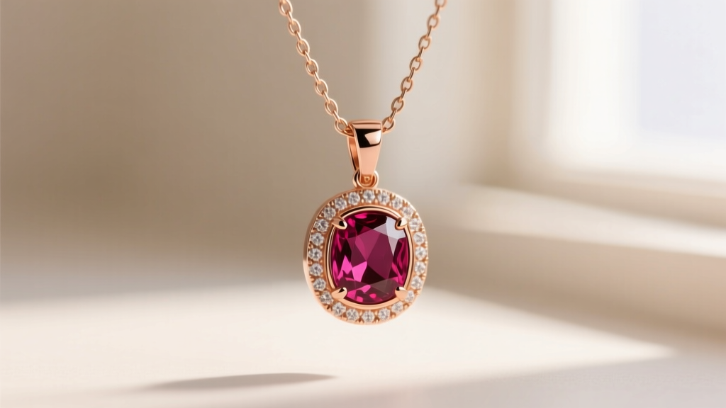 Macro photography of a rose gold bezel-set ruby initial pendant on a 1.2mm rolo chain, highlighting the secure metal rim.