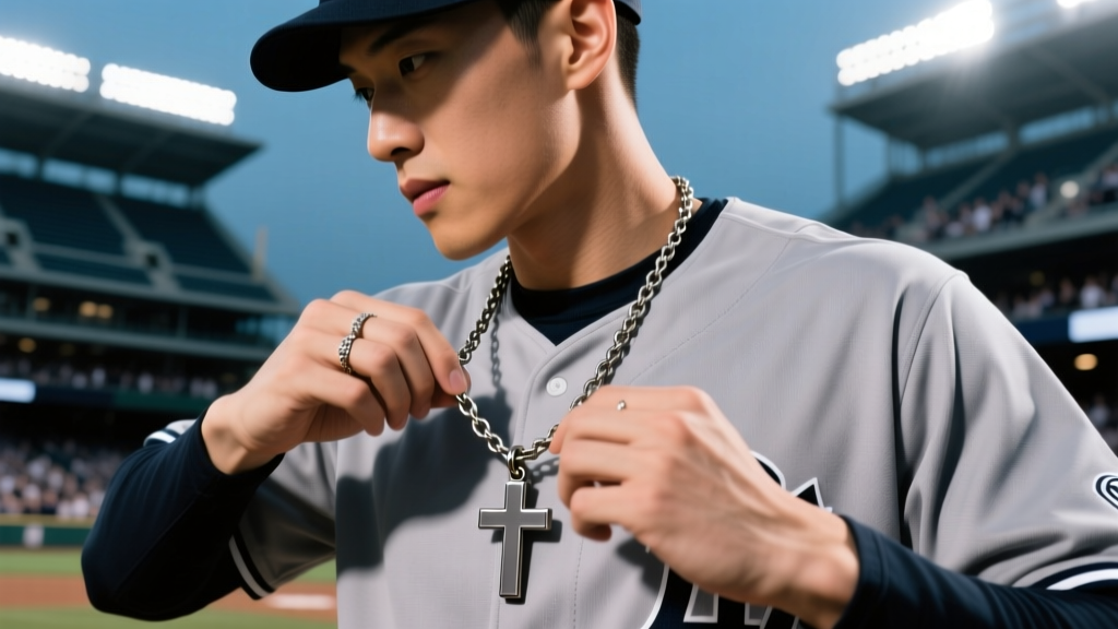 Baseball player in grey uniform adjusting a 5mm steel rope chain and a matte titanium cross pendant under bright stadium lights.