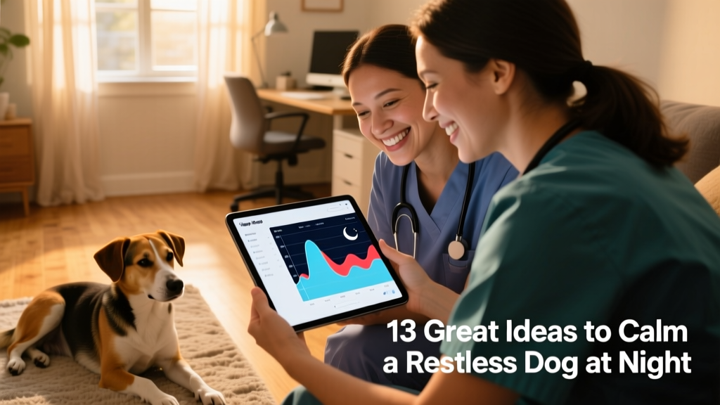 A veterinarian and dog owner reviewing a digital sleep log together on a tablet, smiling and engaged
