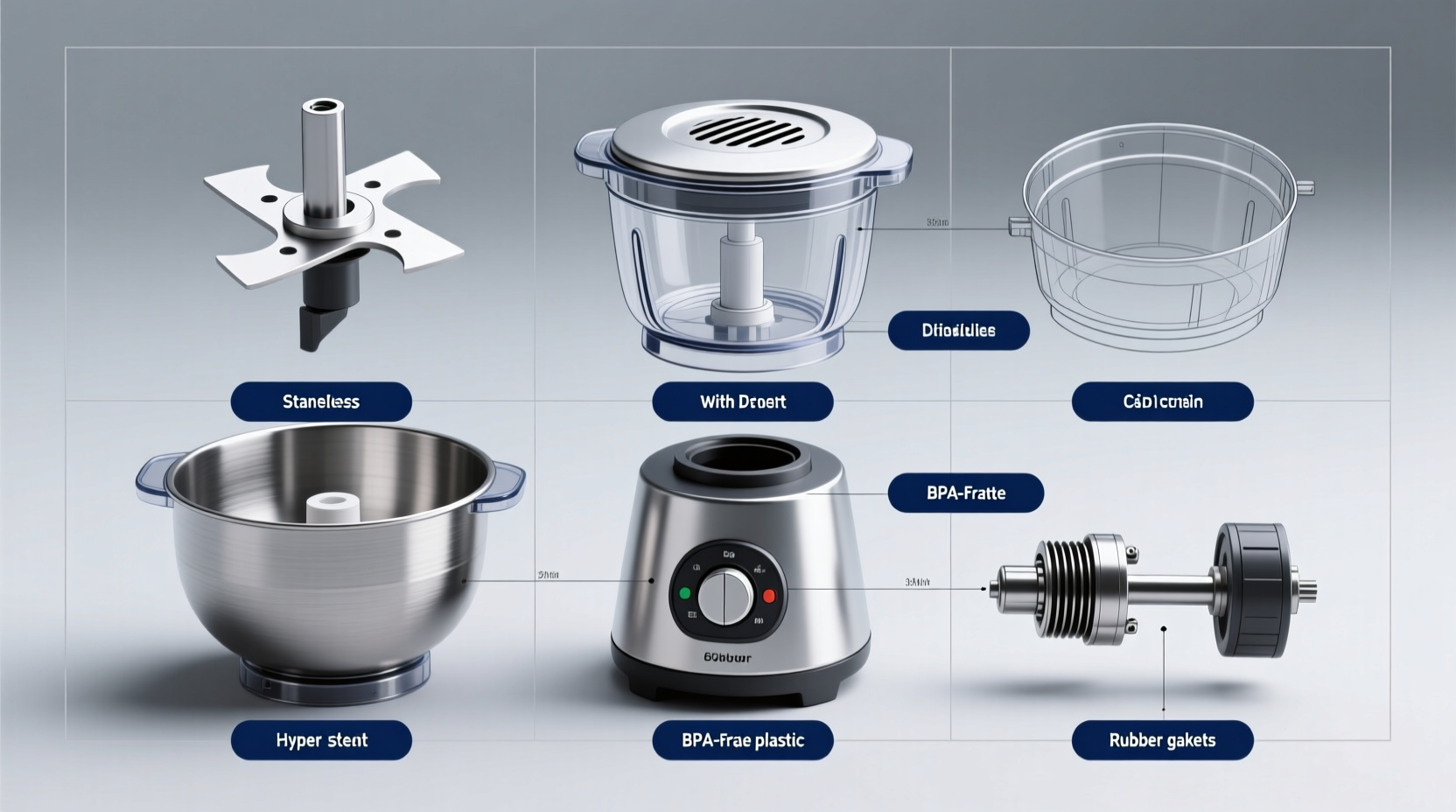 Food processor components and parts labeled